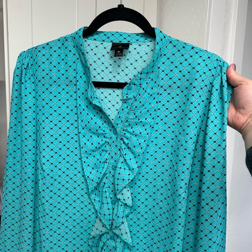 Women's Turquoise Button-Up Ruffle Blouse - Picture 6 of 6